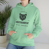 front shot model wearing a green hoodie by 'alternawaesr'' with 'angry cat' logo - 'stay unique' text underneath