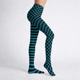 Black and Teal Mismatch Checkered and Striped Print Tights