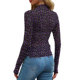 Purple Leopard Print Mesh Top Long Sleeved