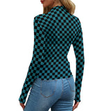 Black and Teal Checkered Mesh Top Long Sleeved