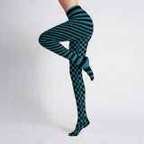 Black and Teal Mismatch Checkered and Striped Print Tights