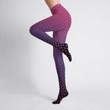 Purple and black patterned tights on a white background