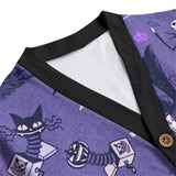 Purple cardigan zoomed in shot of neck area  with ;nightmare before Christmas print'