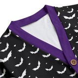 V-neck cardigan with bat print and purple trims and cuffs