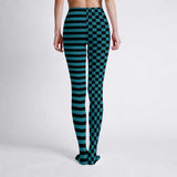 Black and Teal Mismatch Checkered and Striped Print Tights
