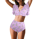 Niedlicher zweiteiliger Rüschen-Bikini mit Kawaii-Pastellfledermaus-Print