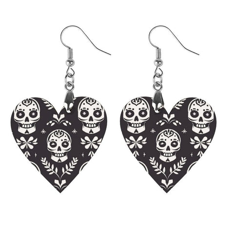 Wooden Heart Shaped Earrings with Skulls