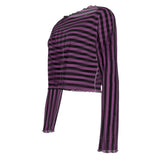 Pink and Black Striped Crop Mesh Top Long Sleeved