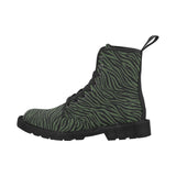side shot of singular boot which is black with a green zebra print