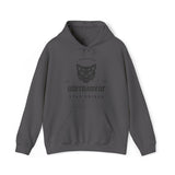 grey hoodie with black print made by alternawear and has 'angry cat' logo and 'stay unique' text