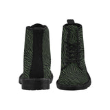 shot shows one boot from the front and one from the back that is black with a green zebra print