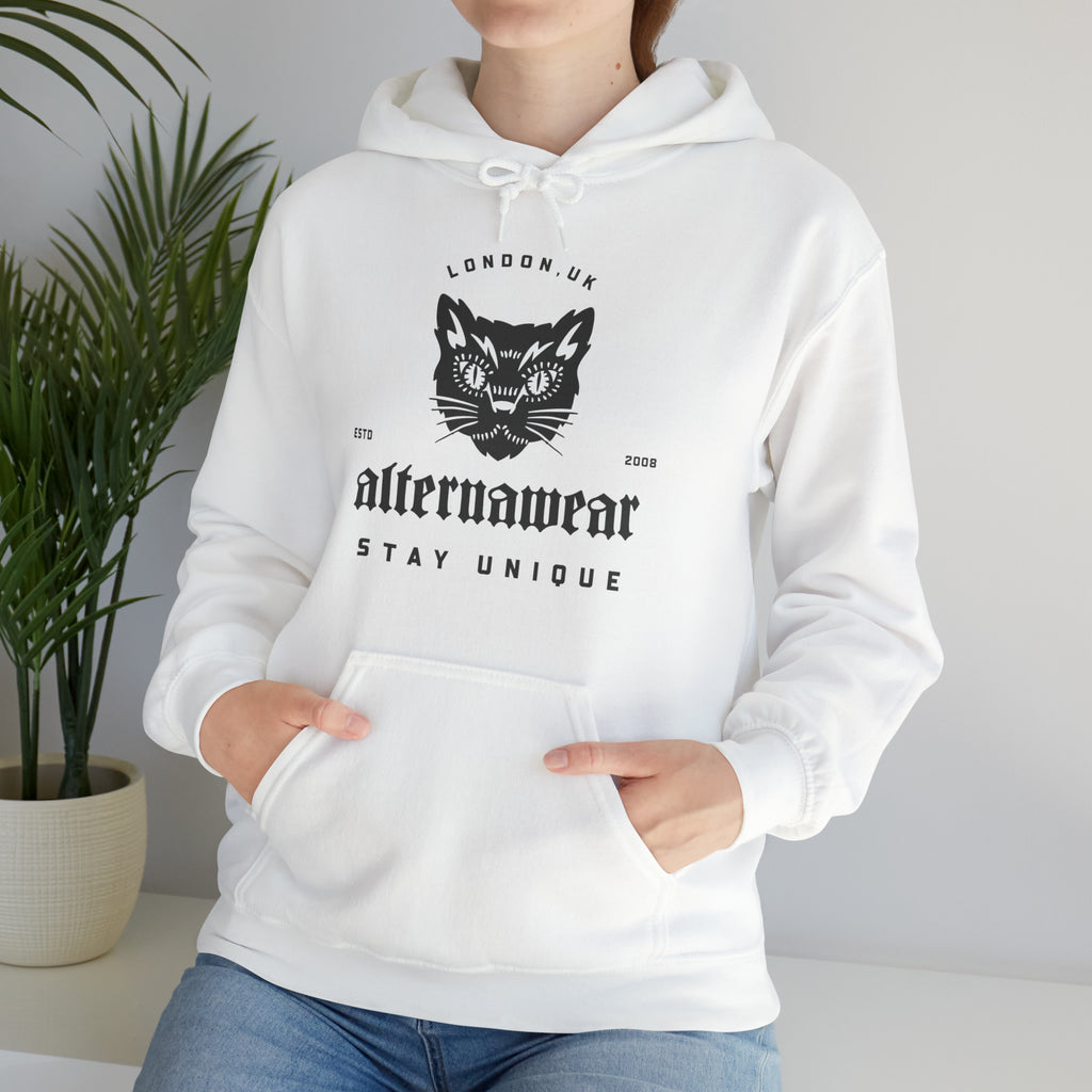 white hoodie worn by model by 'alternawear' with  black print 'angry cat' logo stay unique  front shot