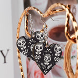 Wooden Heart Shaped Earrings with Skulls