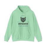 mint green 'alternawear' hoodie with black print of 'angry cat logo' and 'stay unique' text.