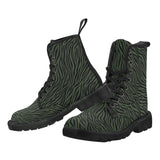 shot of pair of dr Martin lookalike boots which are black with green zebra print 