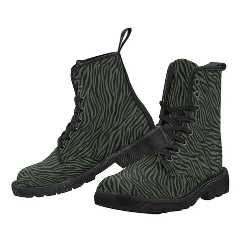 shot of pair of dr Martin lookalike boots which are black with green zebra print 