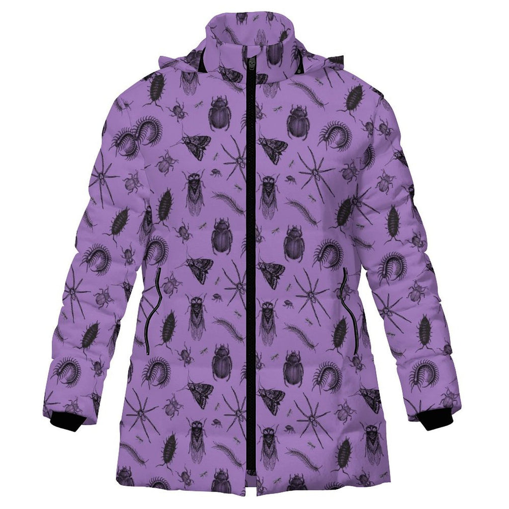 Purple Insect Print Ladies Puffer Coat