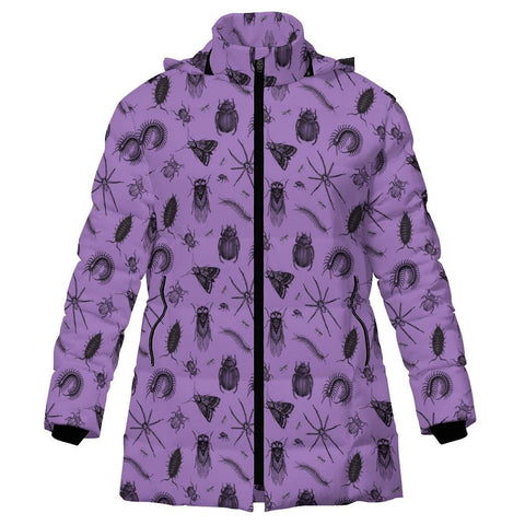Purple Insect Print Ladies Puffer Coat