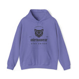 purple 'alternawear' hoodie with 'angry cat' logo and 'stay unique' text. 