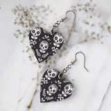 Wooden Heart Shaped Earrings with Skulls