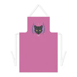 The black cat head and the Alternawear logo and date are printed on a pink canvas apron with a white head loop and ties.