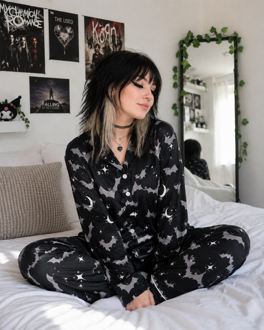 Black Bat Print Long Pyjamas