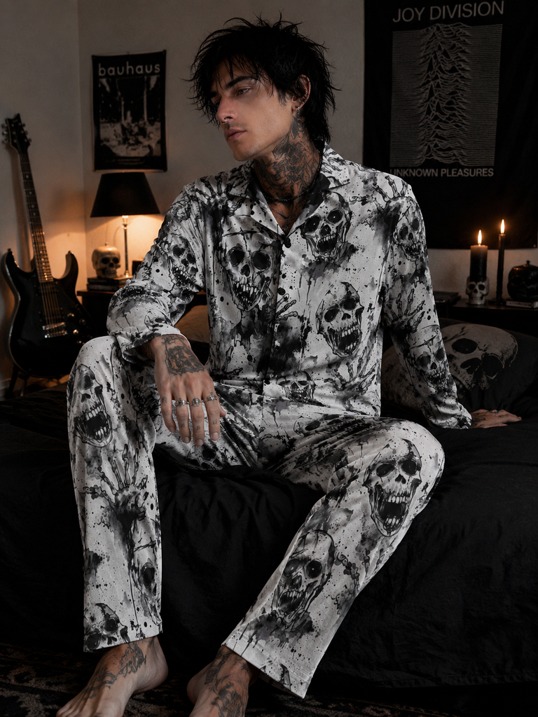 Mens Horror Skull Pyjama Alternative Lounge Set S S-5XL