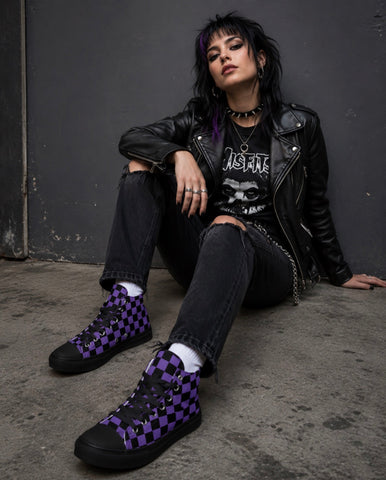 Black and Purple Checkered Women’s high top canvas shoes