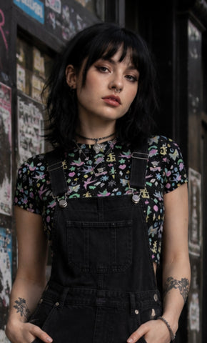 Retro Pastel Tattoo Cropped Mesh Top Short Sleeved