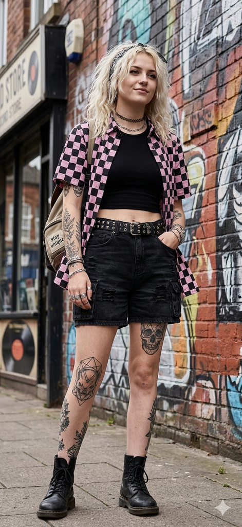 Pink and Black Checkered Cotton Womens Button Down Shirt