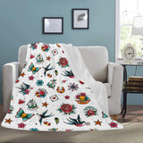 White Retro Tattoo Blanket with Pom Pom Edge Detail Different Sizes