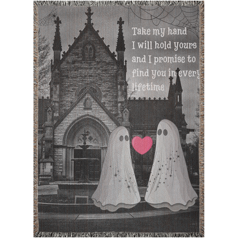 Rectangle woven throw by Alternawear, shows a church and two ghosts  in greyscale, stood between a pink heart and the text 'Take my hand I will hold yours and I promise to find you in every lifetime'.