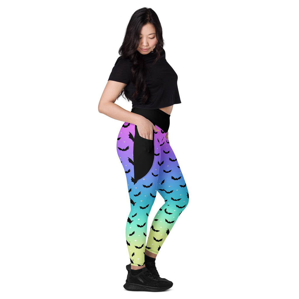 Ombre-Pastell mit schwarzen Fledermäusen, hoch taillierte Leggings mit Taschen