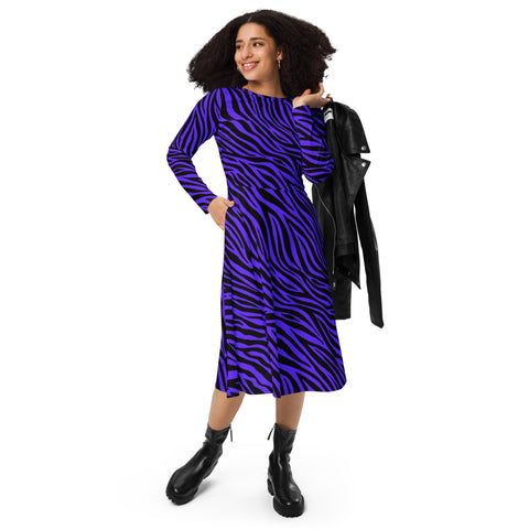 Purple Zebra All-over print long sleeve midi dress