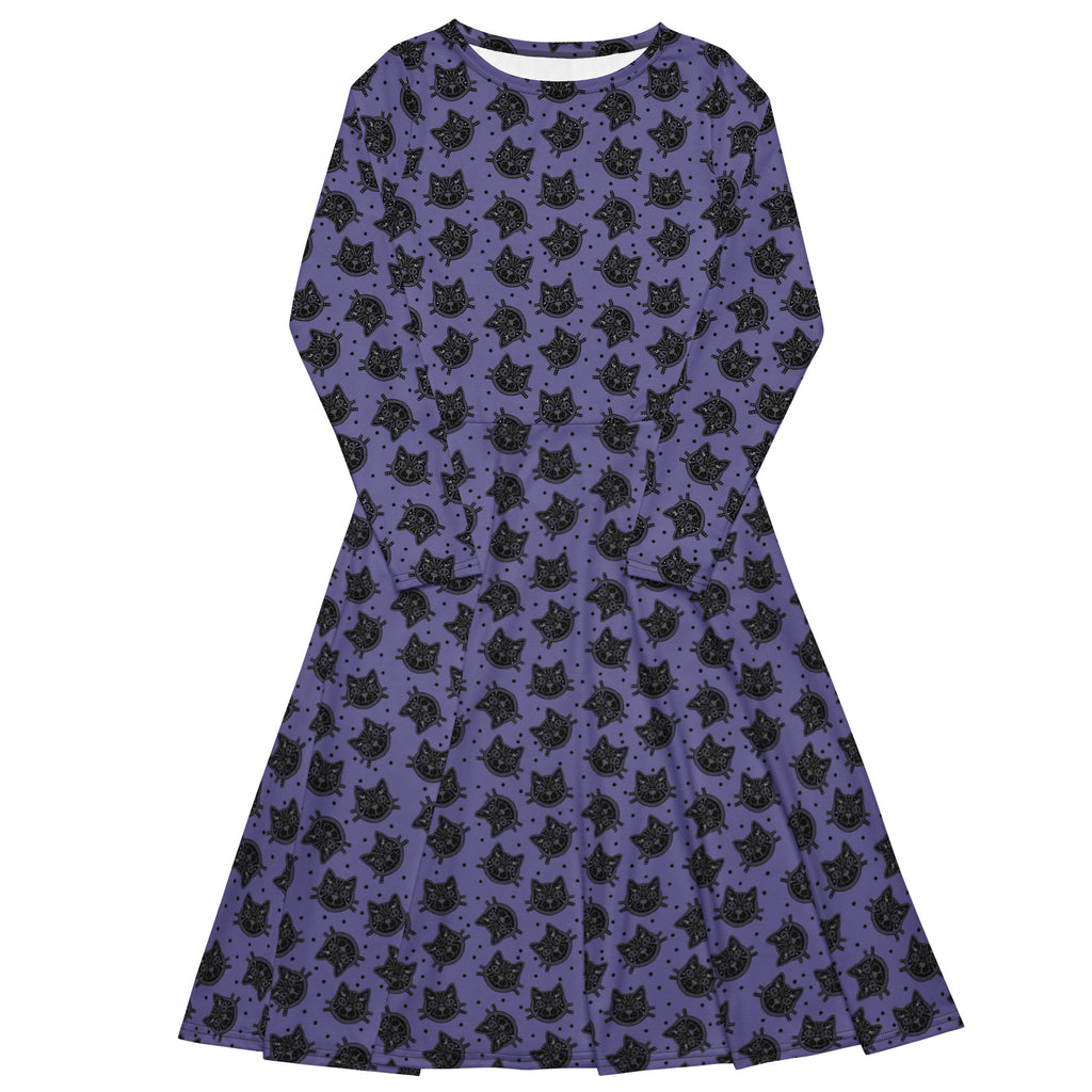 Sugar Skull Kitty Lilac All-over print long sleeve midi dress with pockets