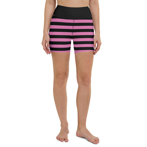 Pink & Black Striped High Waisted Yoga Shorts