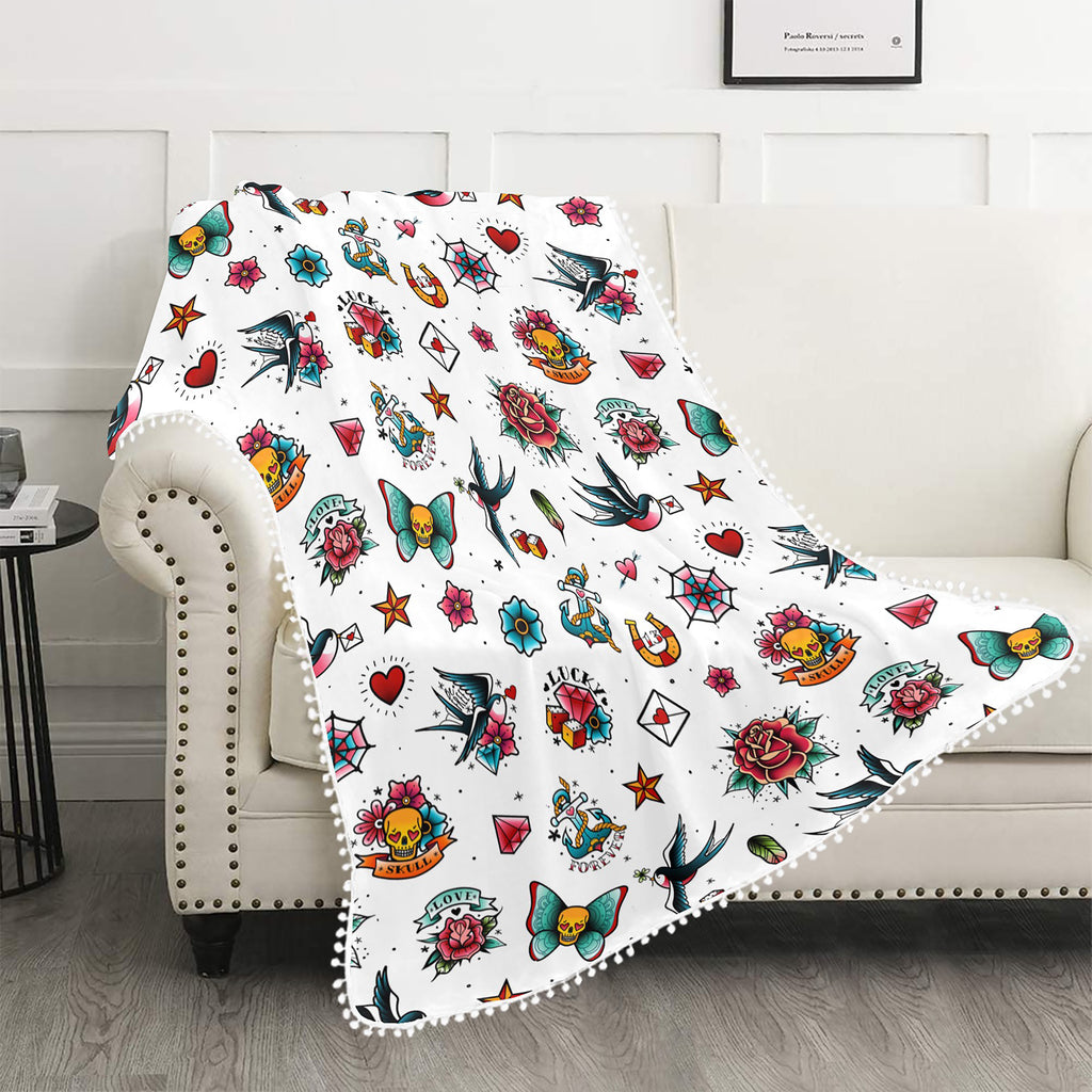 White Retro Tattoo Blanket with Pom Pom Edge Detail Different Sizes