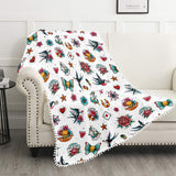 White Retro Tattoo Blanket with Pom Pom Edge Detail Different Sizes