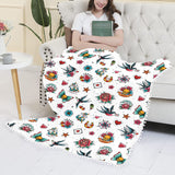 White Retro Tattoo Blanket with Pom Pom Edge Detail Different Sizes