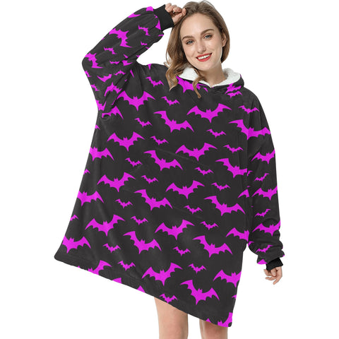 Roze en donkergrijze vleermuisprint Spooky deken hoodie volwassenen en kindermaten