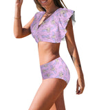 Leuke Kawaii pastelkleurige vleermuisprint tweedelige bikini met ruches