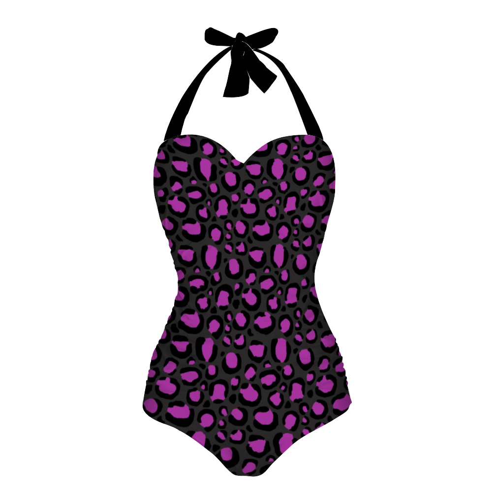 Pink Grey Leopard Print Women's Halterneck One-Piece Swimsuit