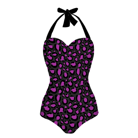 Pink Grey Leopard Print Women's Halterneck One-Piece Swimsuit