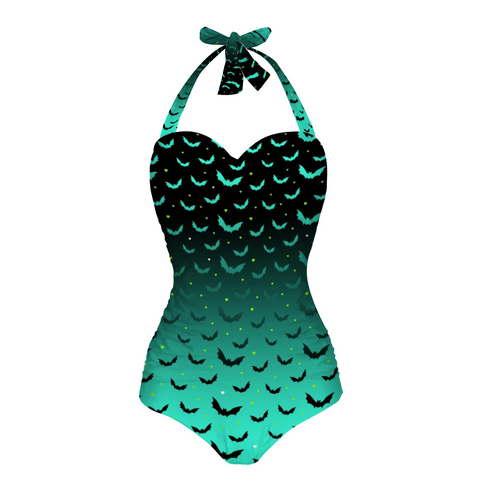 Green Ombre Bat Women's Halterneck One-Piece Swimsuit