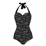 Grijs en zwart vleermuisbadpak voor dames met halternek uit één stuk