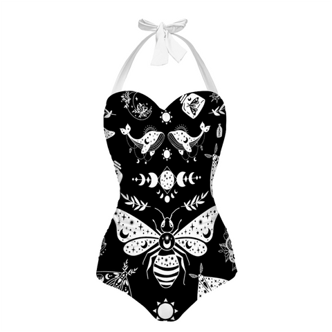 Celestial Witchy Moth Goth Women's Halterneck One-Piece Swimsuit