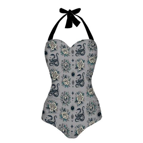 Schwarz-weißer Fledermaus-Einteiler-Badeanzug für Damen mit Neckholder