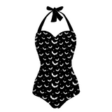 Zwart-wit Vleermuisbadpak voor dames met halternek uit één stuk