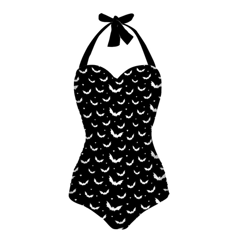 Schwarz-weißer Fledermaus-Einteiler-Badeanzug für Damen mit Neckholder