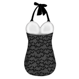 Grauer und schwarzer Fledermaus-Einteiler-Badeanzug für Damen mit Neckholder